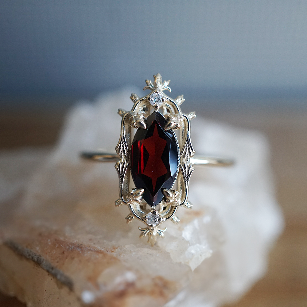 Gothic Marquise Garnet Ring in 14K and 18K Gold