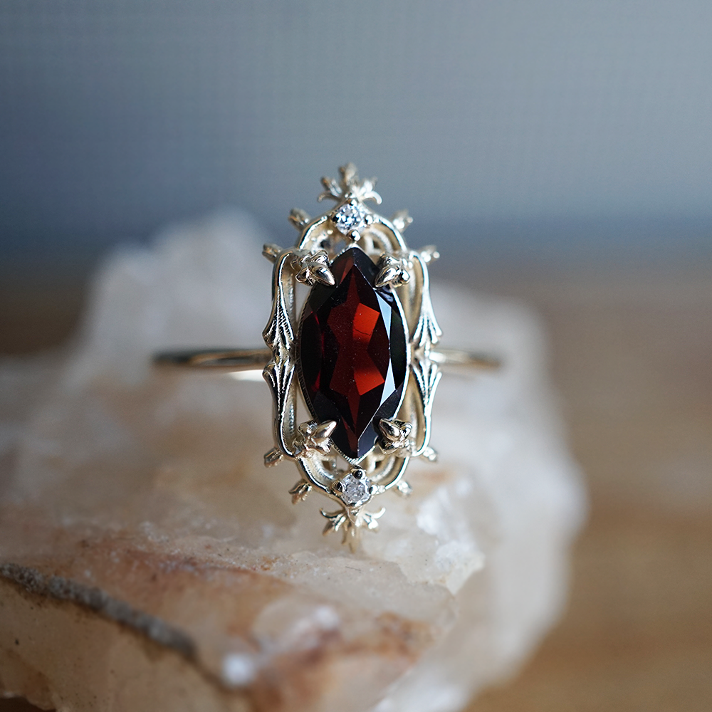 Gothic Marquise Garnet Ring in 14K and 18K Gold