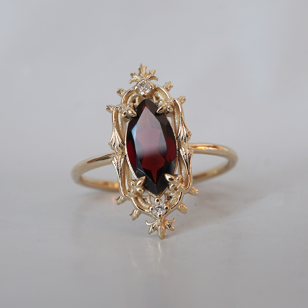 Gothic Marquise Garnet Ring in 14K and 18K Gold