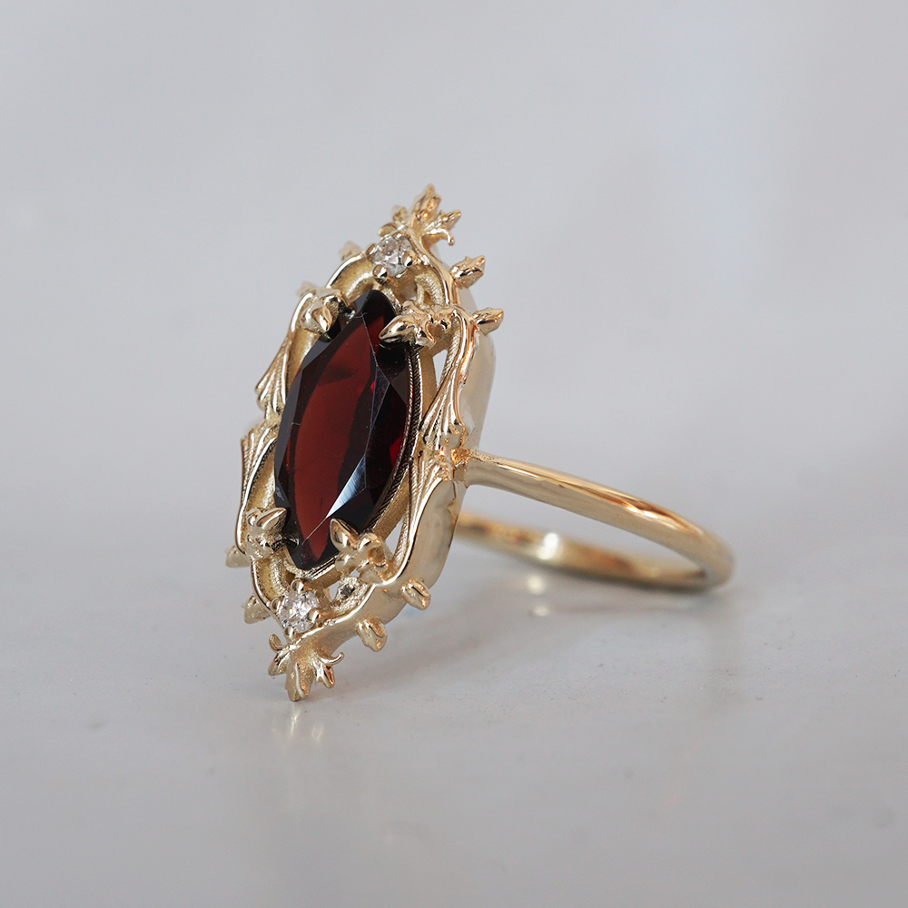 Gothic Marquise Garnet Ring in 14K and 18K Gold