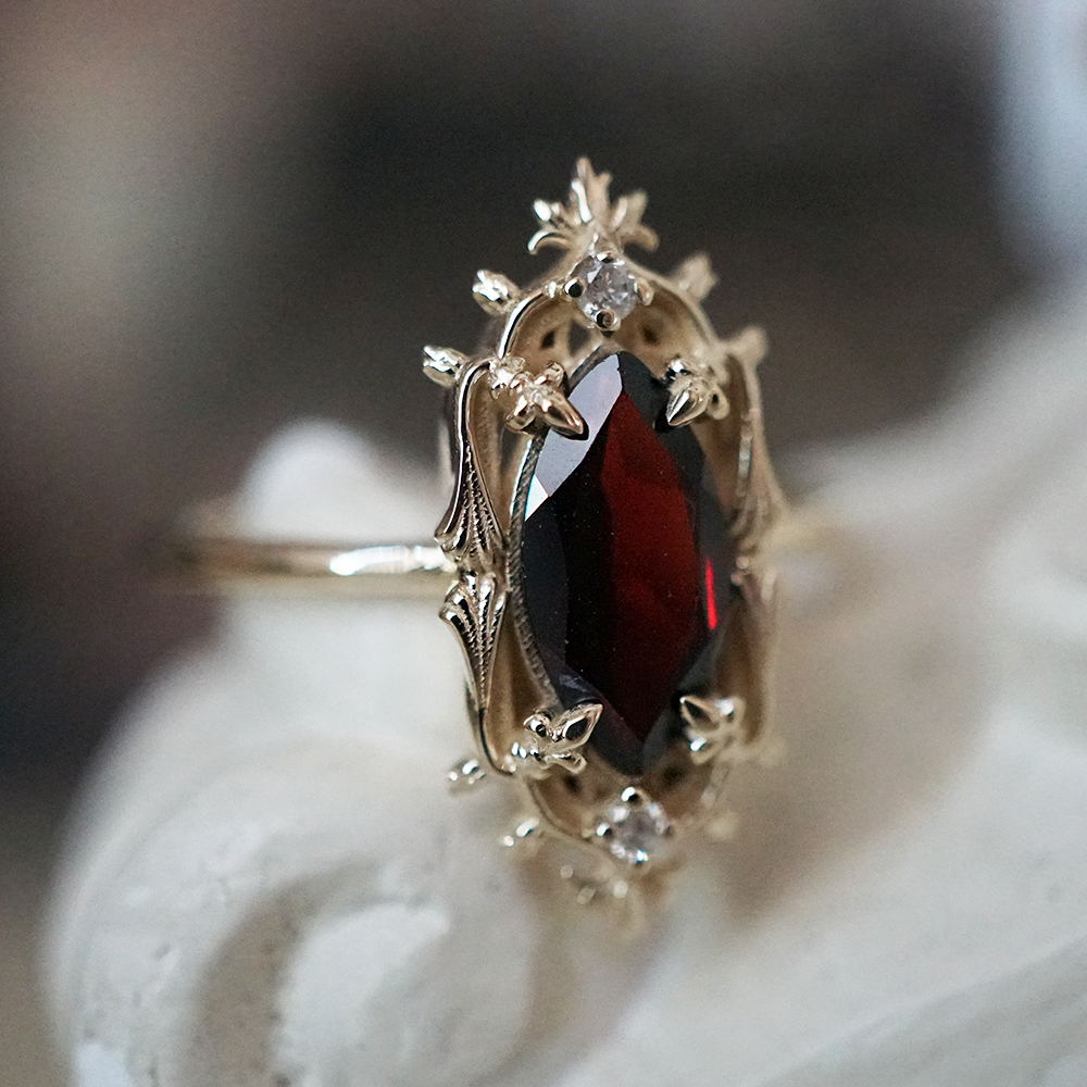 Gothic Marquise Garnet Ring in 14K and 18K Gold