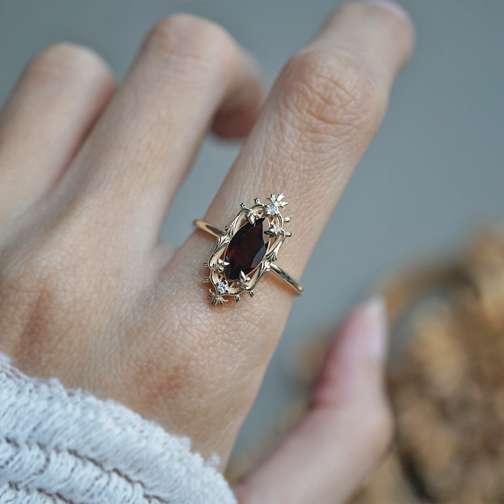 Gothic Marquise Garnet Ring in 14K and 18K Gold