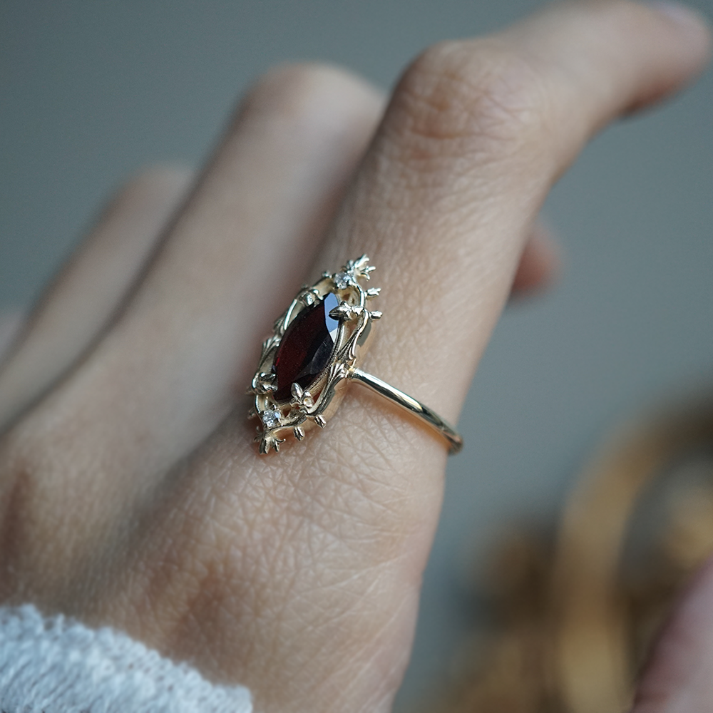 Gothic Marquise Garnet Ring in 14K and 18K Gold