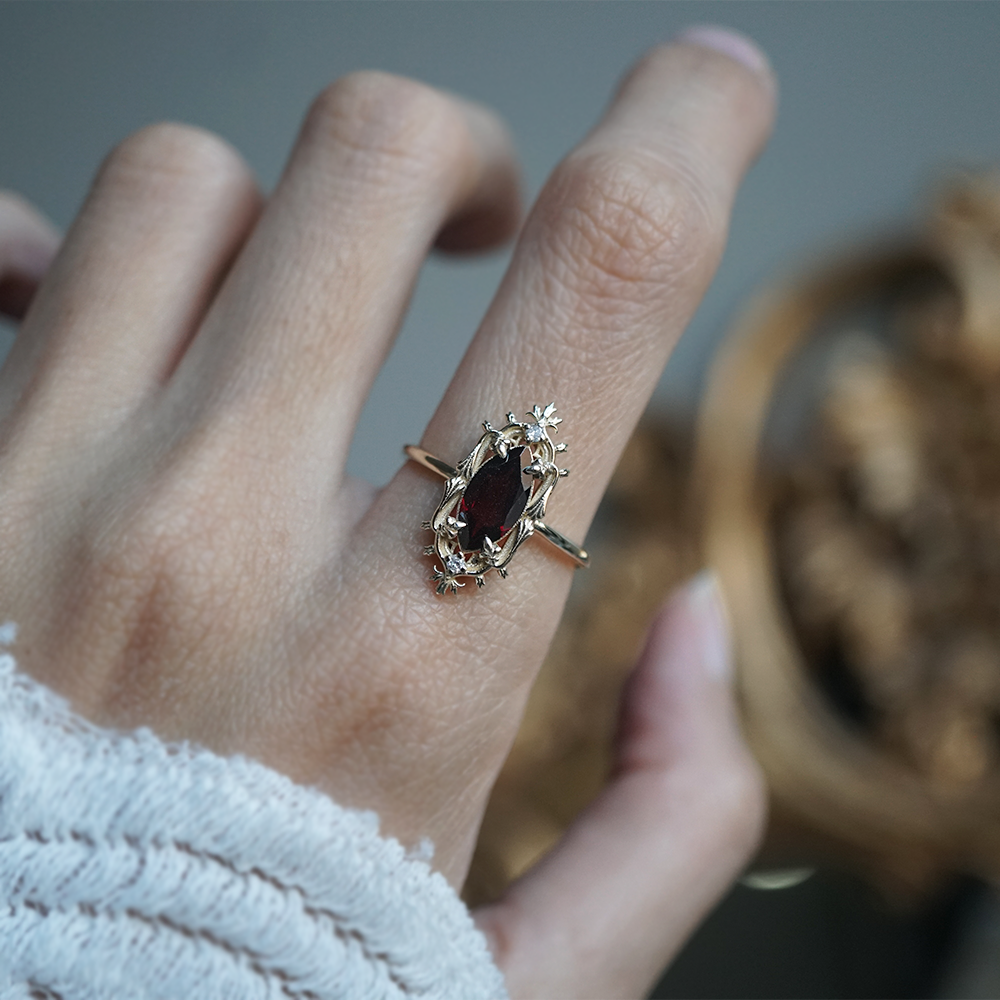 Gothic Marquise Garnet Ring in 14K and 18K Gold