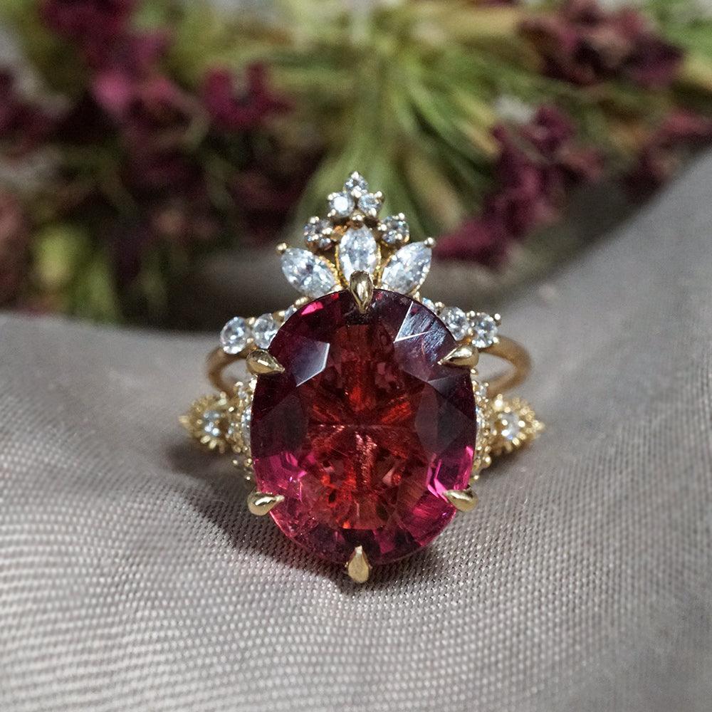 One Of A Kind: Oval Rubellite Queen Victoria Diamond Ring in 14K and 18K Gold - Tippy Taste Jewelry