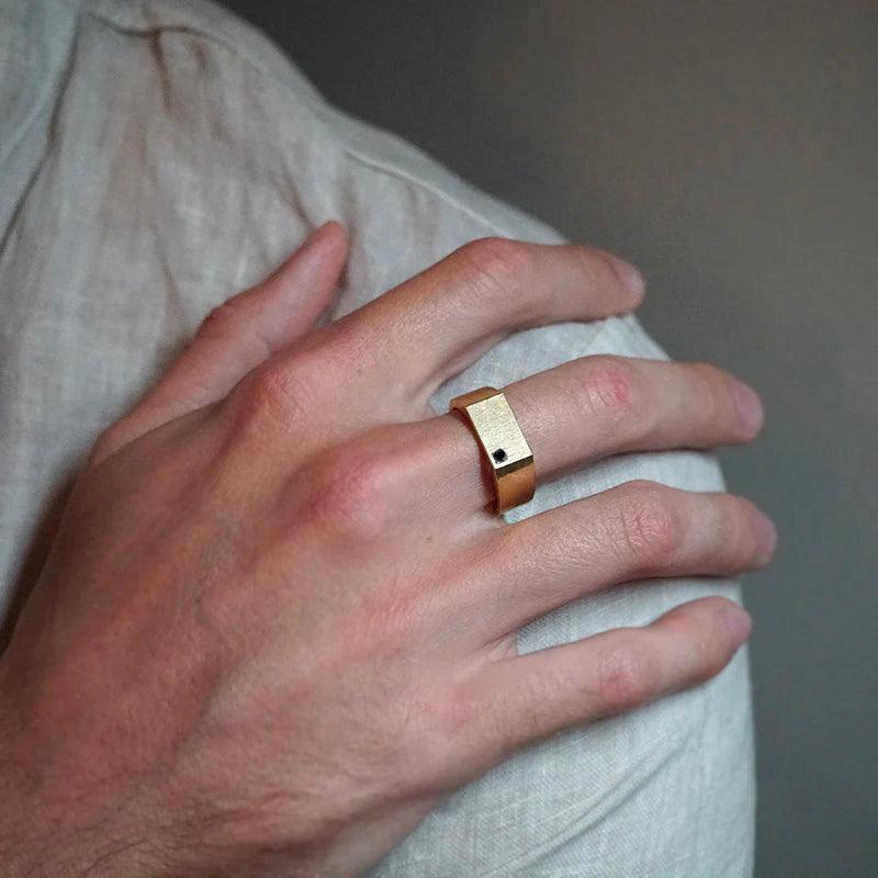 Black Diamond Signet Ring in Sterling Silver and 14K Gold, 8mm - Tippy Taste Jewelry