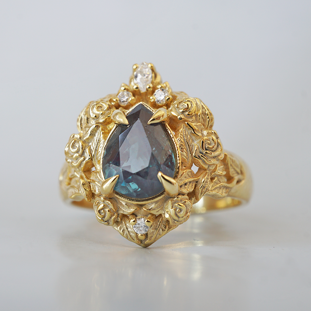 One Of A Kind: Pear Alexandrite Heart Rosy Diamond Ring in 14K and 18K Gold