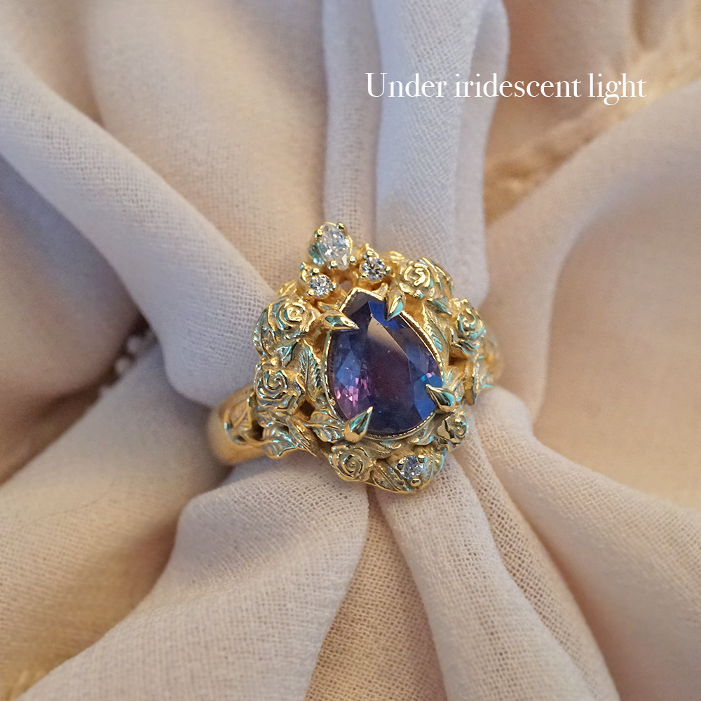 One Of A Kind: Pear Alexandrite Heart Rosy Diamond Ring in 14K and 18K Gold