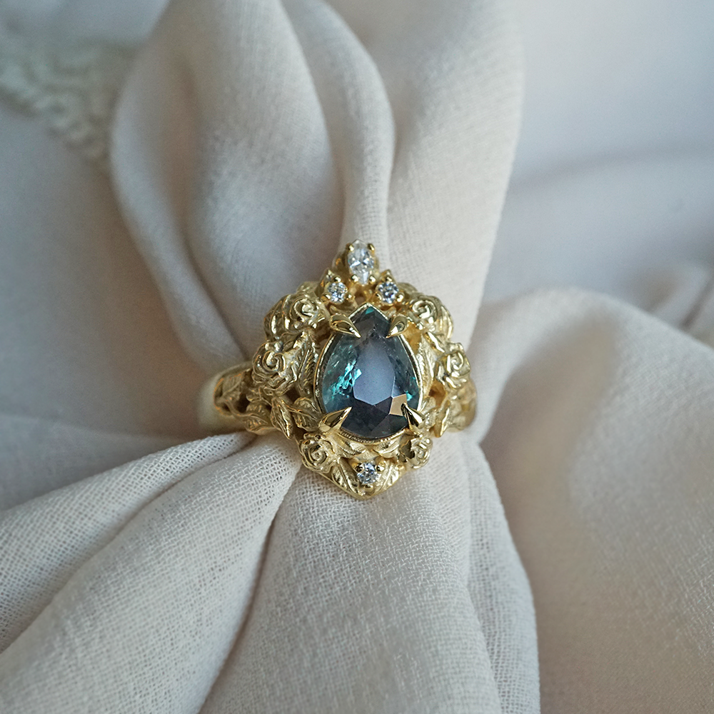 One Of A Kind: Pear Alexandrite Heart Rosy Diamond Ring in 14K and 18K Gold