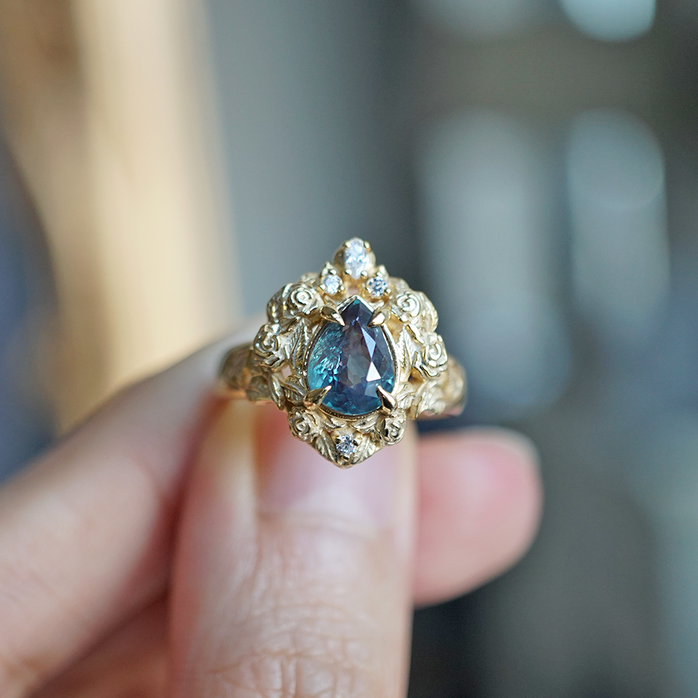 One Of A Kind: Pear Alexandrite Heart Rosy Diamond Ring in 14K and 18K Gold