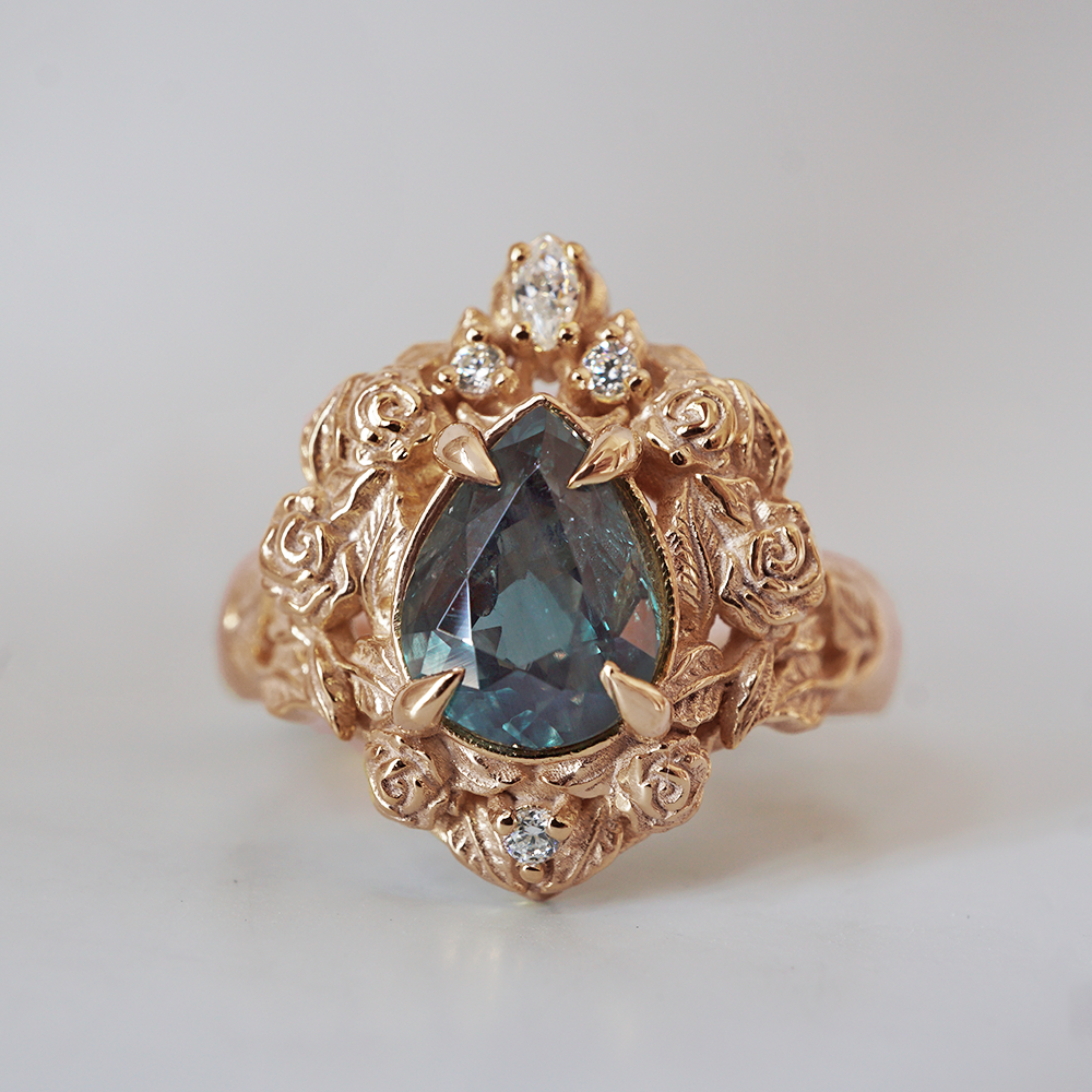 One Of A Kind: Pear Alexandrite Heart Rosy Diamond Ring in 14K and 18K Gold