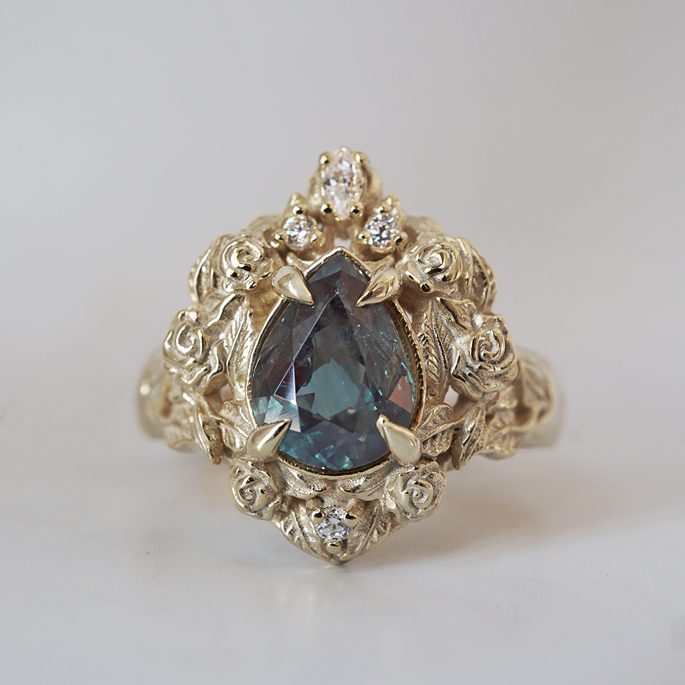 One Of A Kind: Pear Alexandrite Heart Rosy Diamond Ring in 14K and 18K Gold