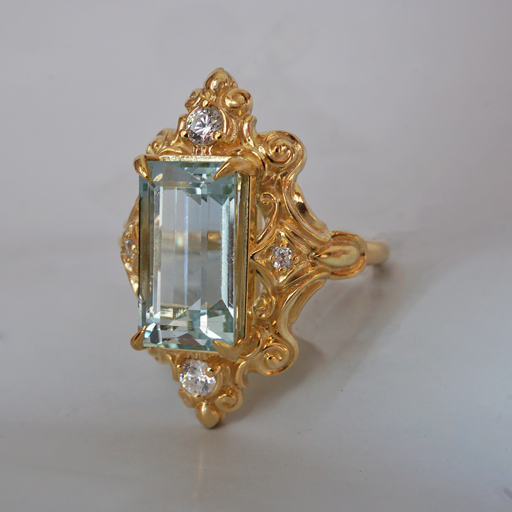 One Of A Kind: Gilded Wave Aquamarine Diamond Ring in 14K and 18K Gold