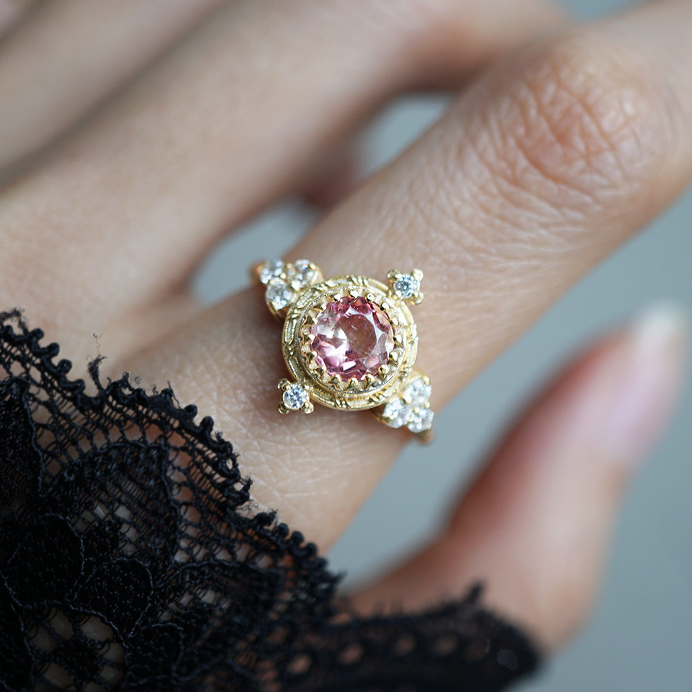 One Of A Kind: Arabesque Pink Tourmaline Diamond Ring in 14K and 18K Gold