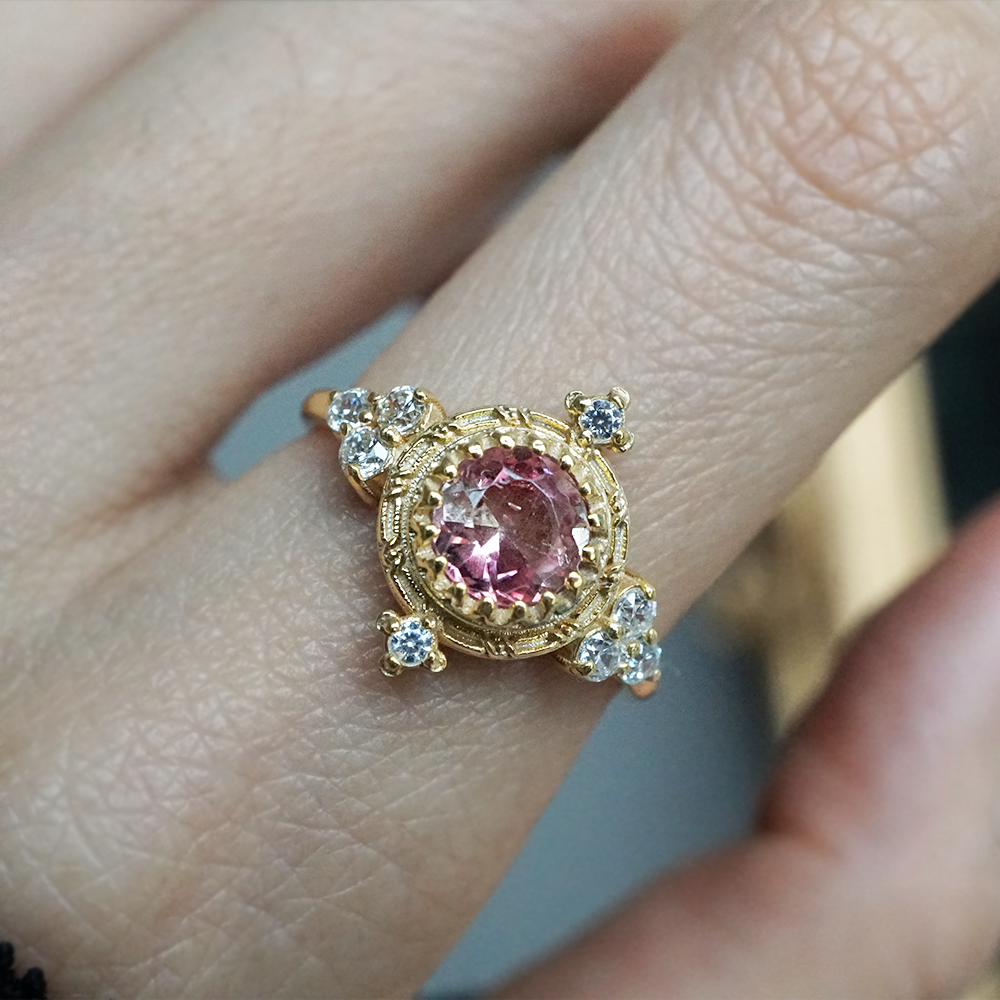 One Of A Kind: Arabesque Pink Tourmaline Diamond Ring in 14K and 18K Gold