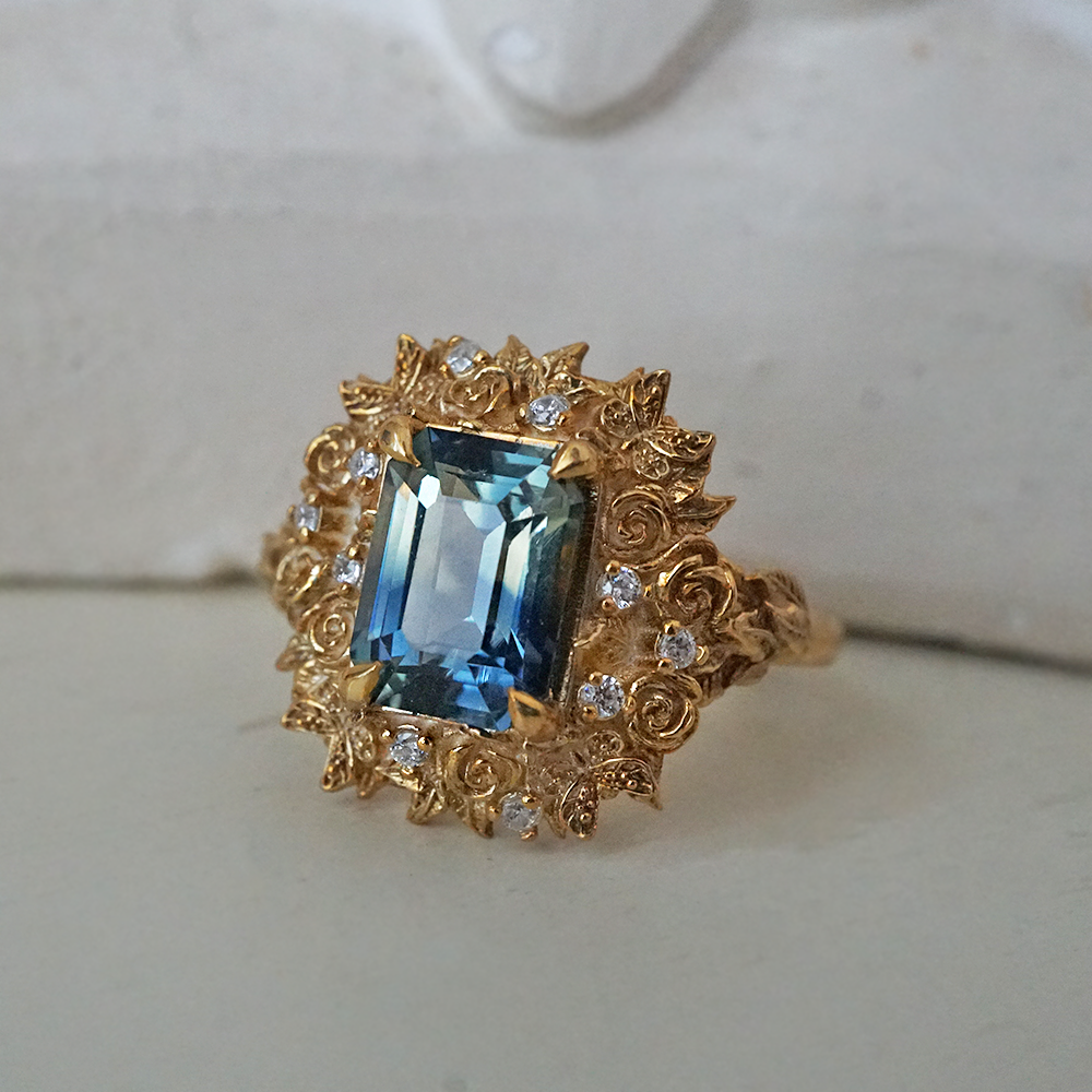 One Of A Kind: Rosevine Butterfly Bi-Color Sapphire Diamond Ring in 14K and 18K Gold