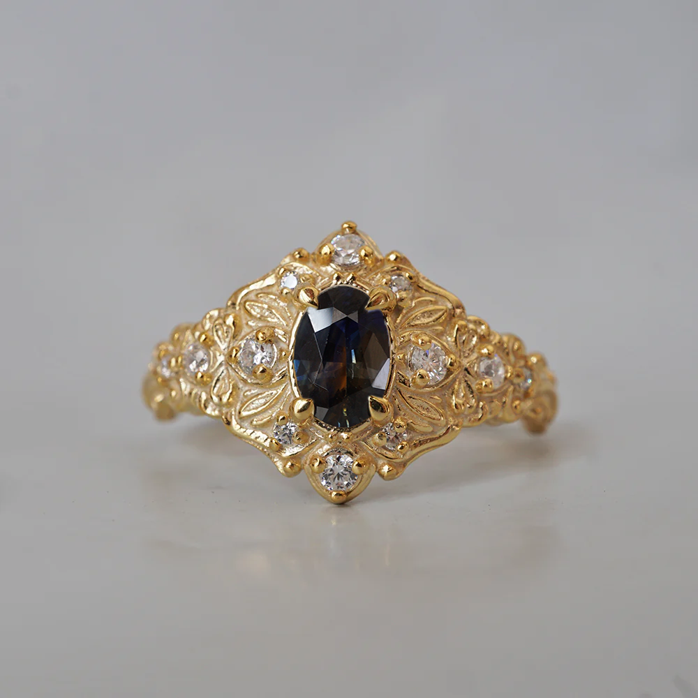 One Of A Kind: Bi-Color Blue Sapphire Moon Diamond Ring in 14K and 18K Gold