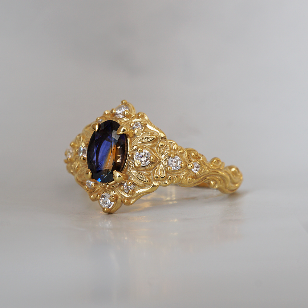 One Of A Kind: Bi-Color Blue Sapphire Moon Diamond Ring in 14K and 18K Gold