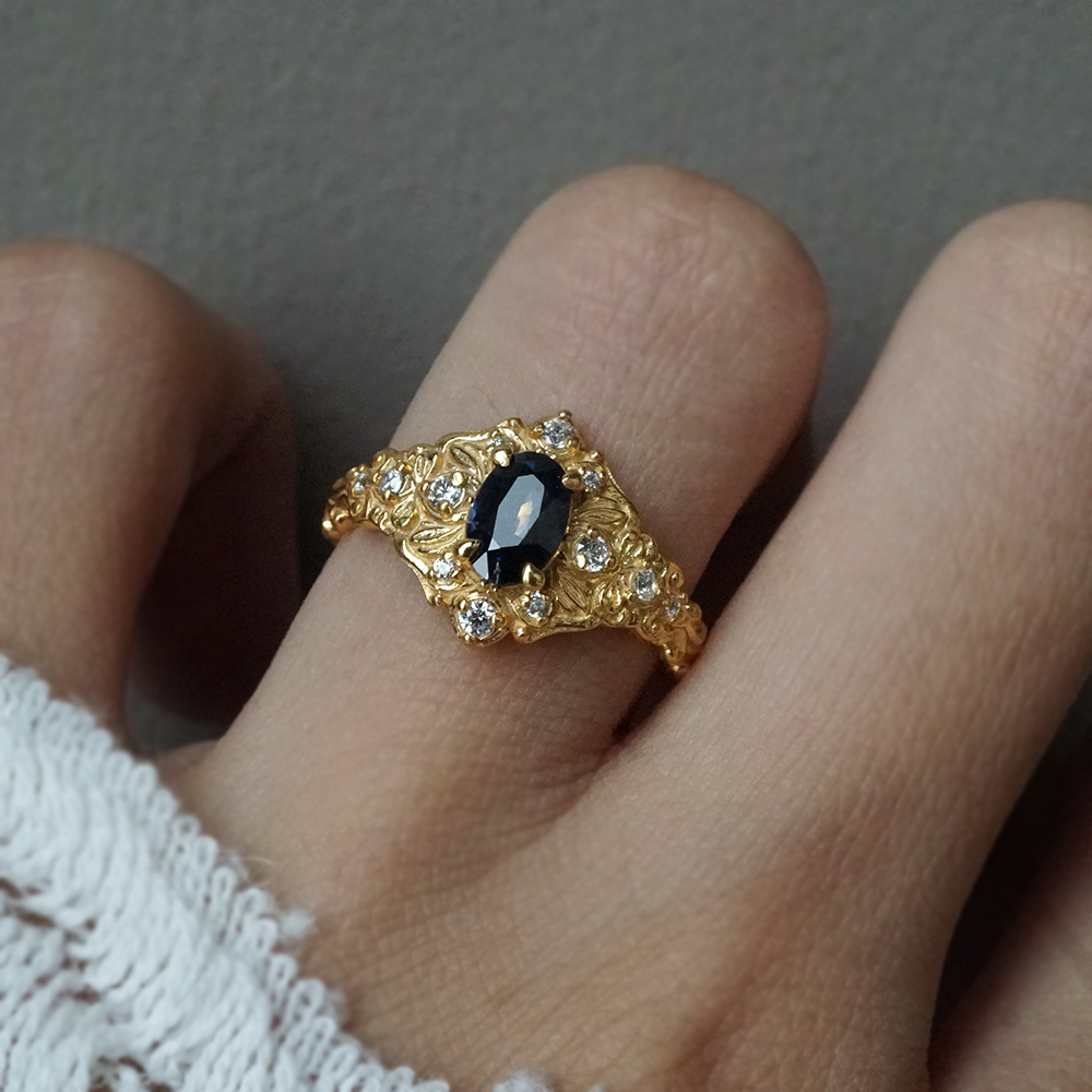 One Of A Kind: Bi-Color Blue Sapphire Moon Diamond Ring in 14K and 18K Gold