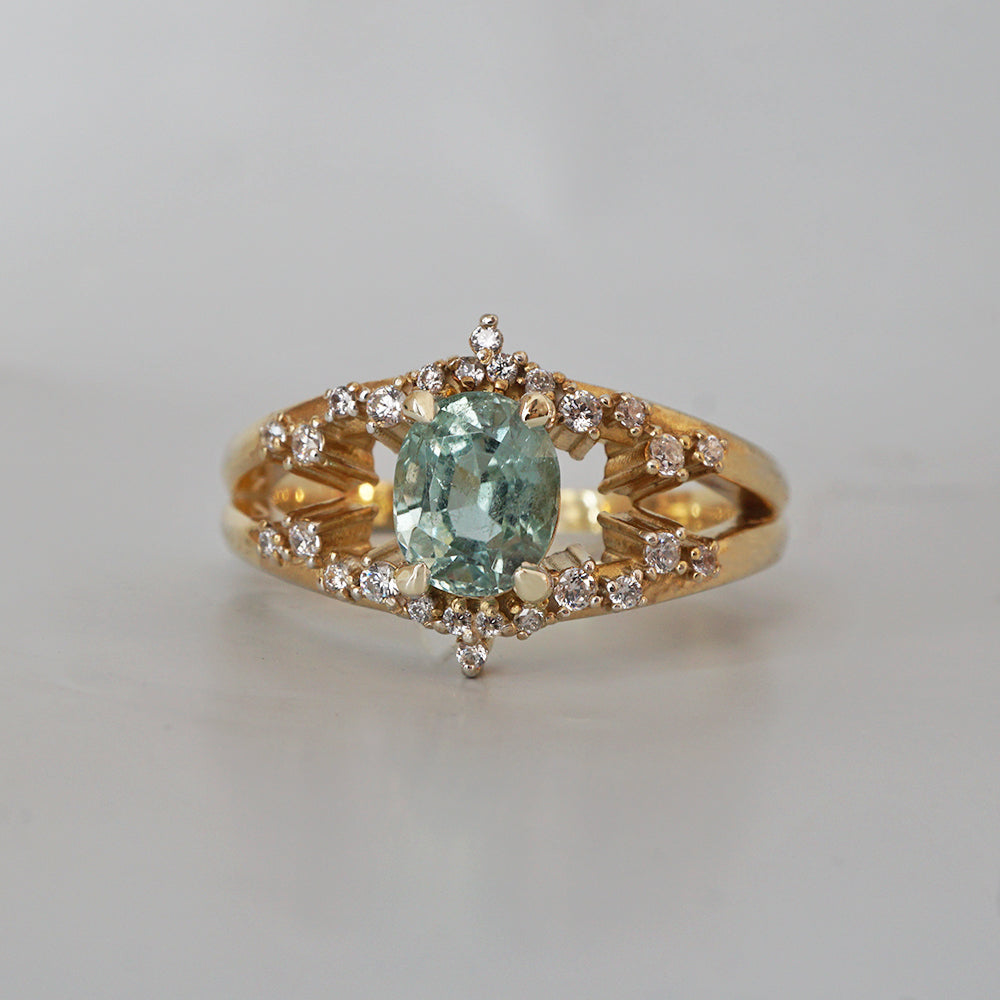 One Of A Kind: Celestial Seafoam Tourmaline Diamond Ring in 14K and 18K Gold