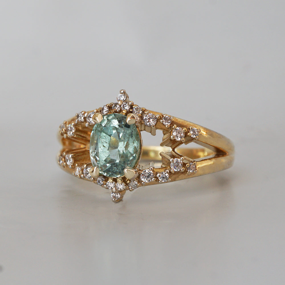 One Of A Kind: Celestial Seafoam Tourmaline Diamond Ring in 14K and 18K Gold