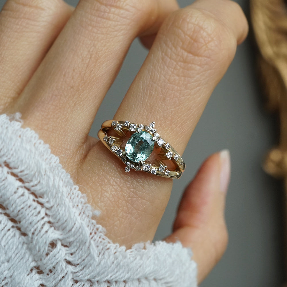 One Of A Kind: Celestial Seafoam Tourmaline Diamond Ring in 14K and 18K Gold