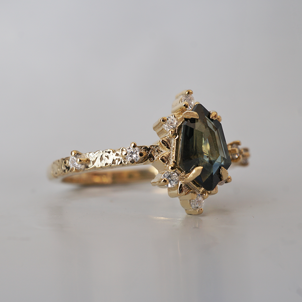 One Of A Kind: Shield Teal Sapphire Noor Diamond Ring in 14K and 18K Gold