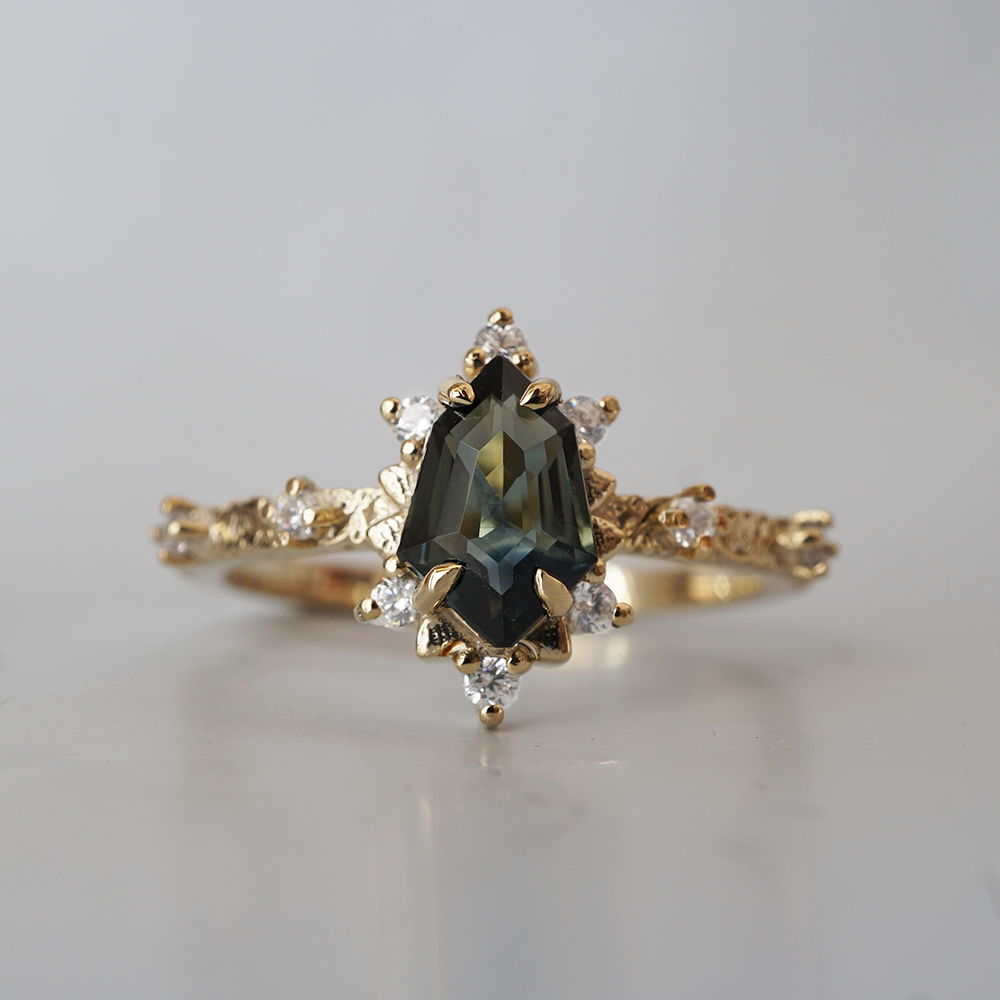 One Of A Kind: Shield Teal Sapphire Noor Diamond Ring in 14K and 18K Gold