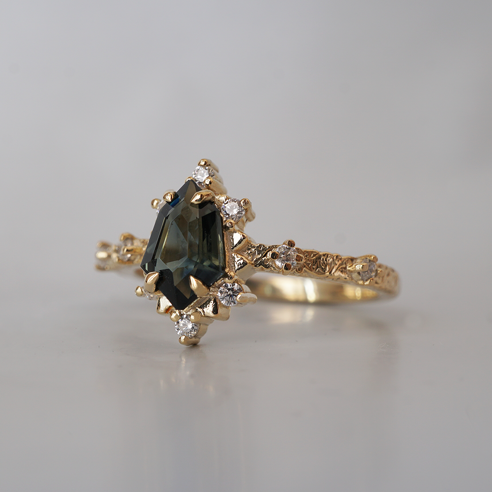 One Of A Kind: Shield Teal Sapphire Noor Diamond Ring in 14K and 18K Gold