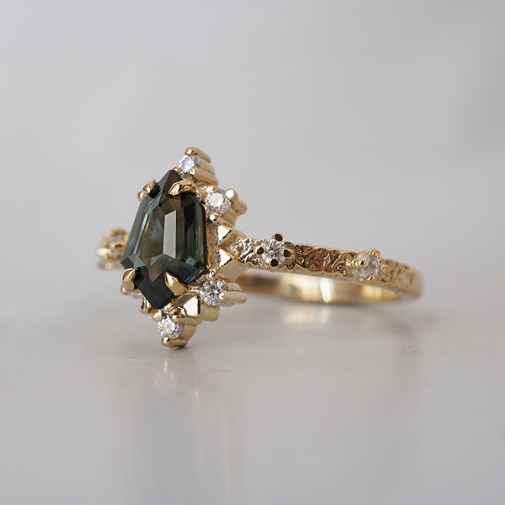 One Of A Kind: Shield Teal Sapphire Noor Diamond Ring in 14K and 18K Gold