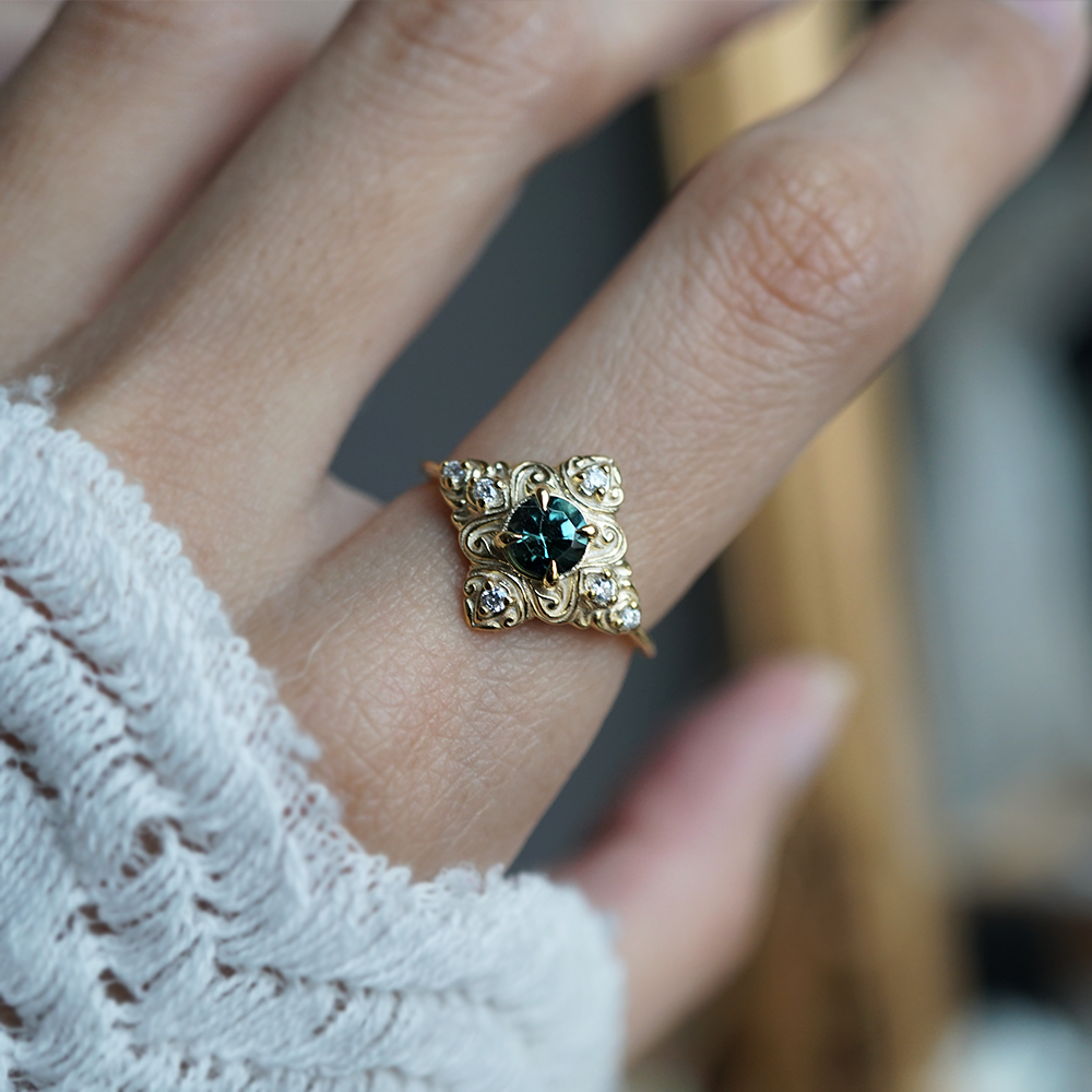 Teal Tourmaline Cypress Diamond Ring in 14K and 18K Gold