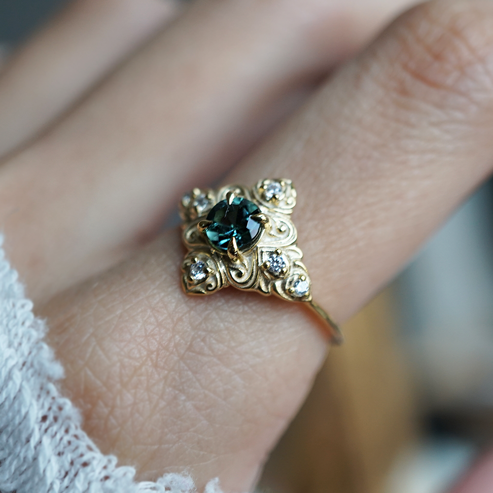 Teal Tourmaline Cypress Diamond Ring in 14K and 18K Gold