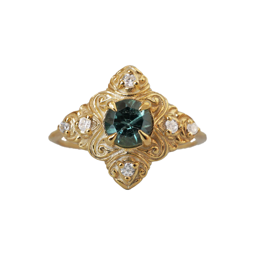 Teal Tourmaline Cypress Diamond Ring in 14K and 18K Gold