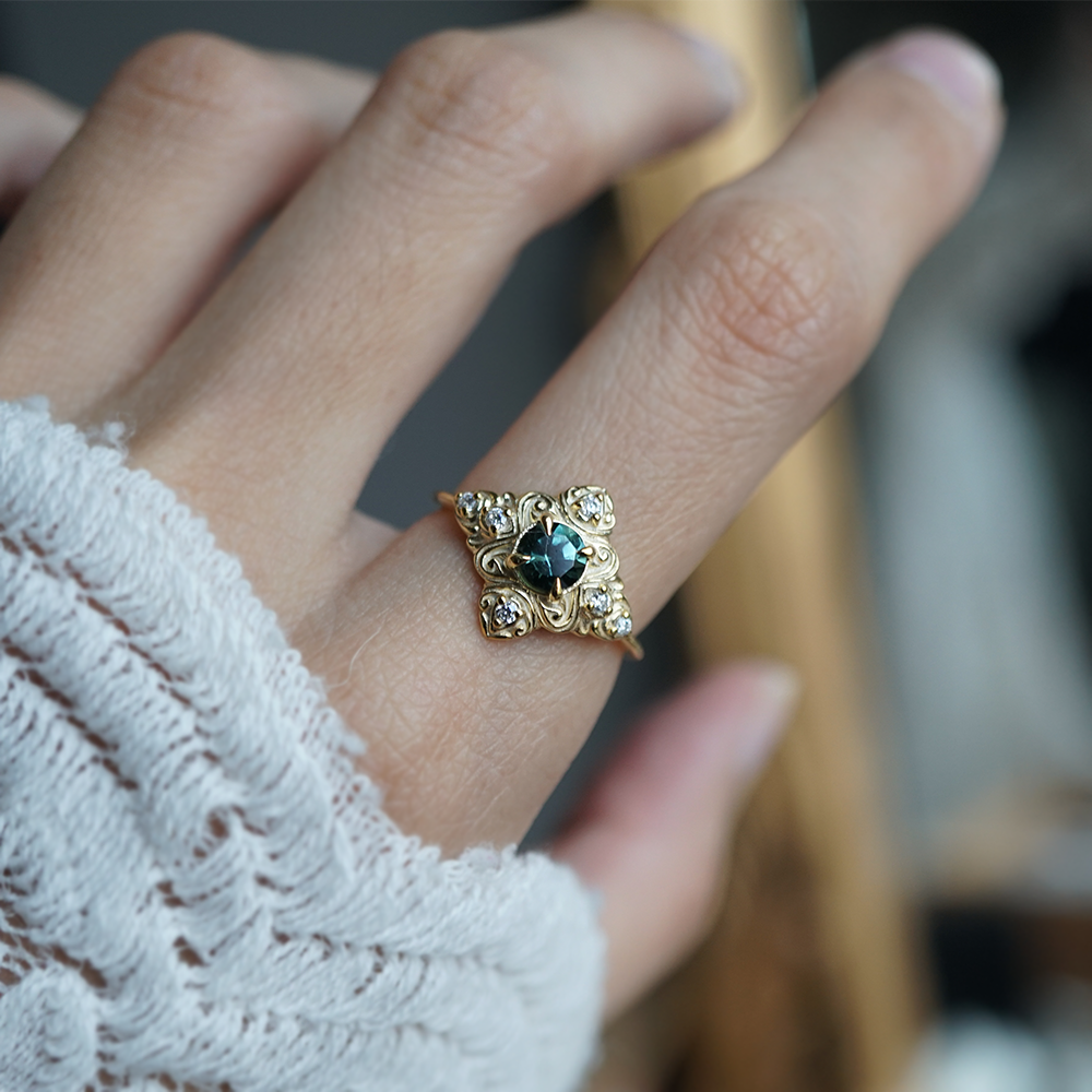 Teal Tourmaline Cypress Diamond Ring in 14K and 18K Gold