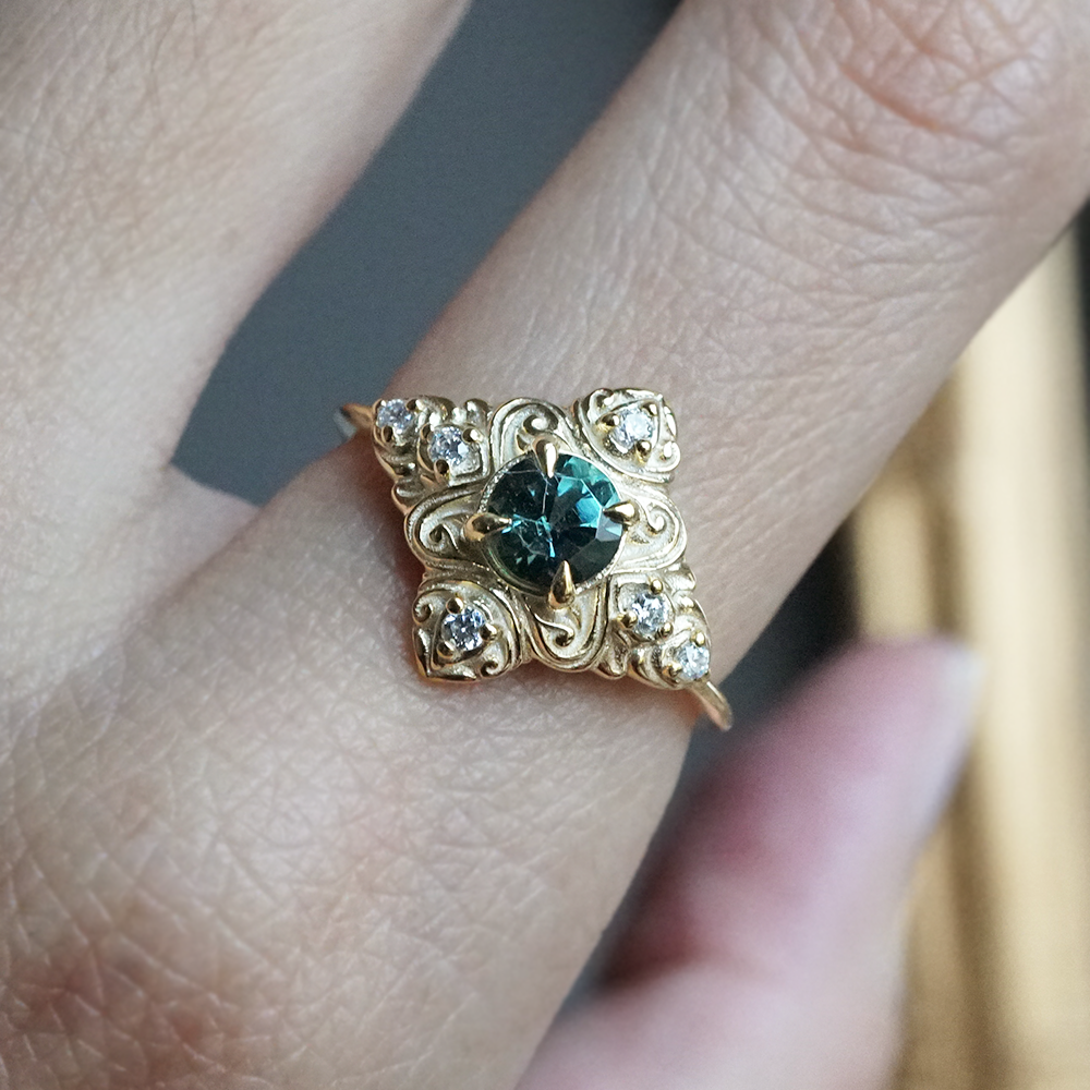 Teal Tourmaline Cypress Diamond Ring in 14K and 18K Gold