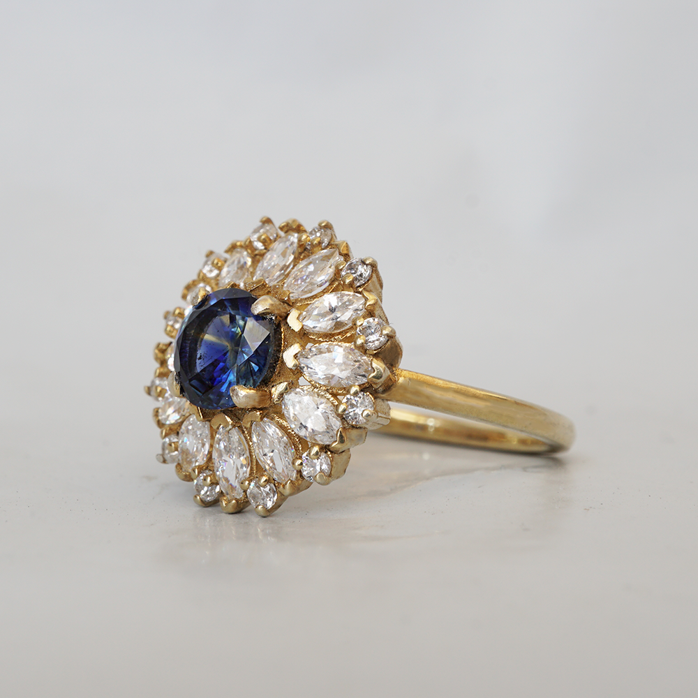 One Of A Kind: Dandelion Bi-Color Sapphire Diamond Ring in 14K and 18K Gold