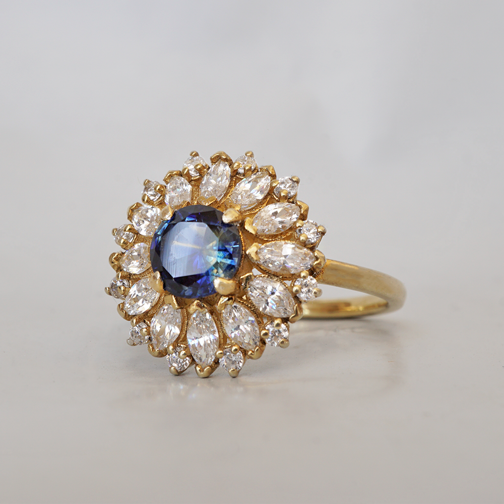 One Of A Kind: Dandelion Bi-Color Sapphire Diamond Ring in 14K and 18K Gold