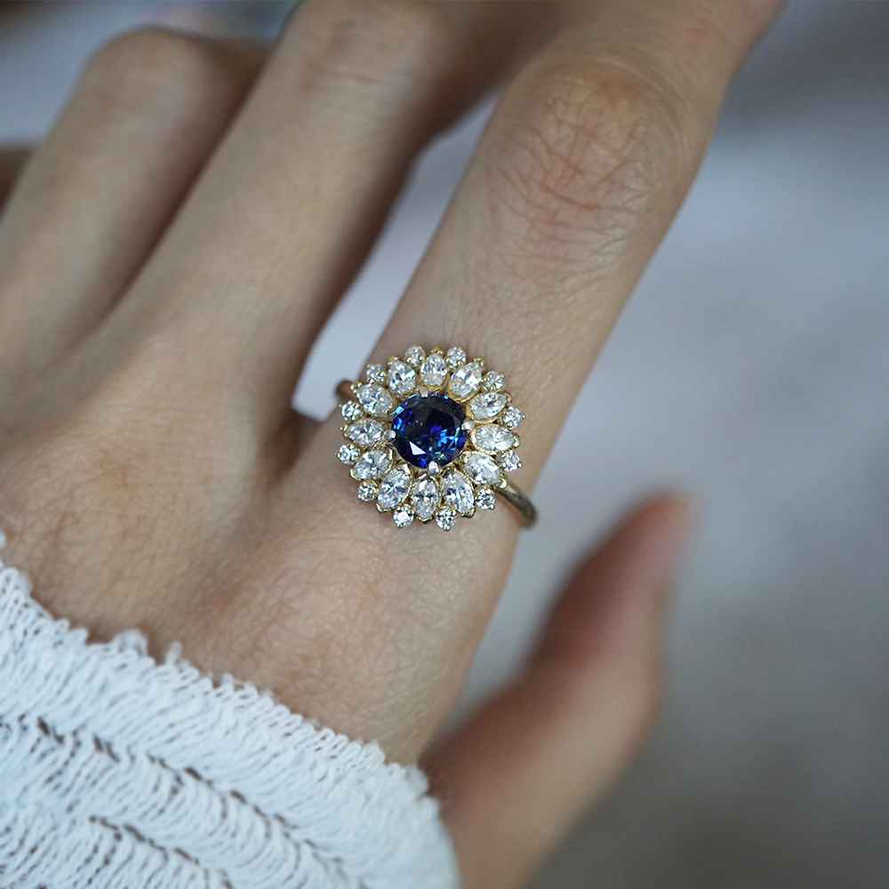 One Of A Kind: Dandelion Bi-Color Sapphire Diamond Ring in 14K and 18K Gold