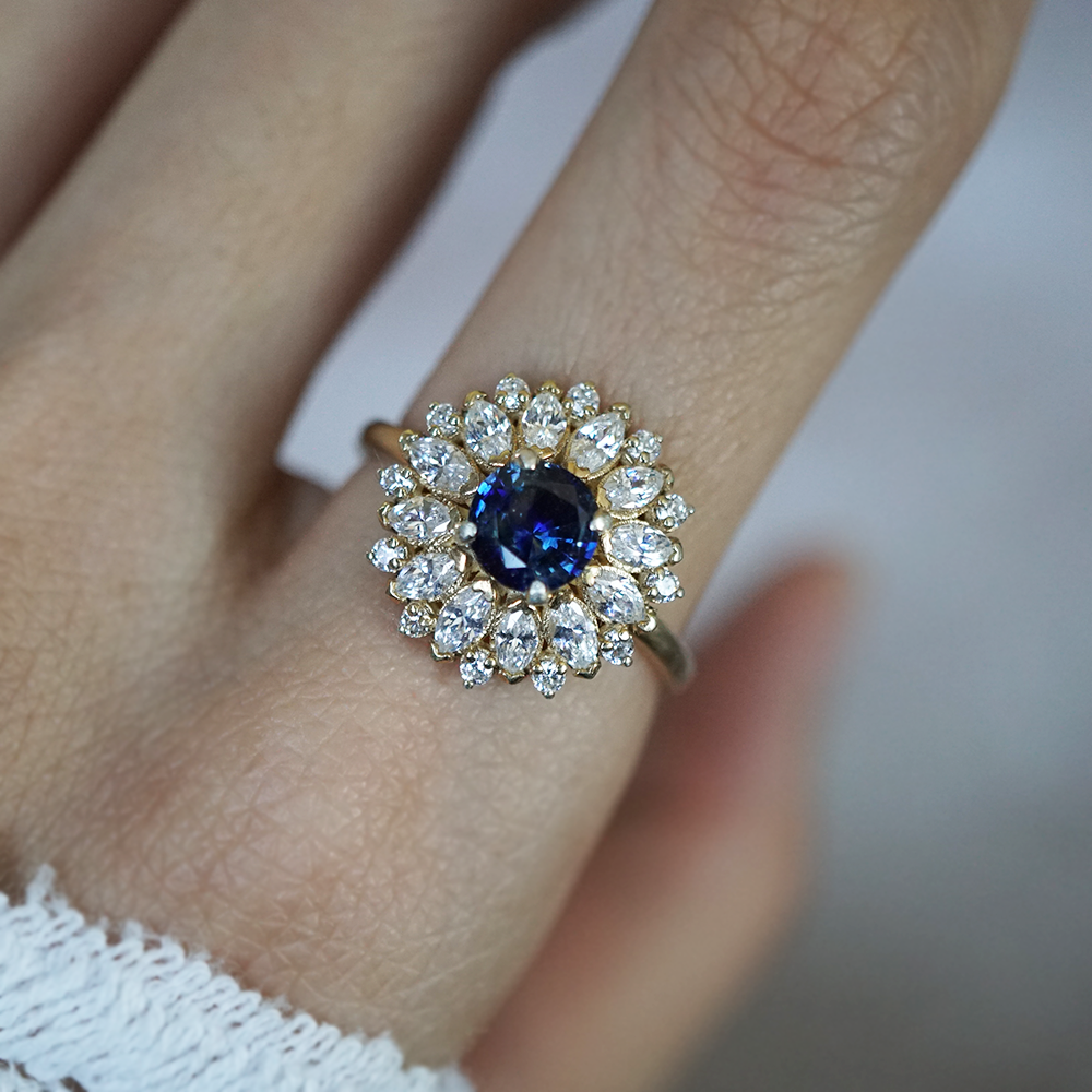 One Of A Kind: Dandelion Bi-Color Sapphire Diamond Ring in 14K and 18K Gold