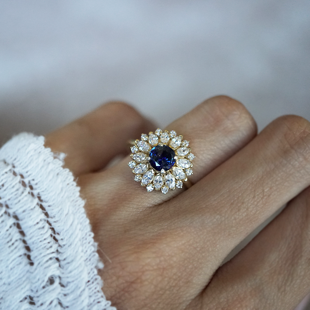 One Of A Kind: Dandelion Bi-Color Sapphire Diamond Ring in 14K and 18K Gold