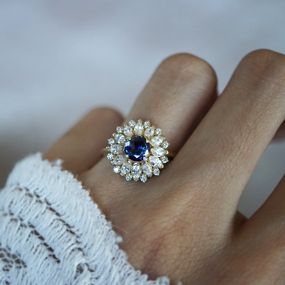 One Of A Kind: Dandelion Bi-Color Sapphire Diamond Ring in 14K and 18K Gold