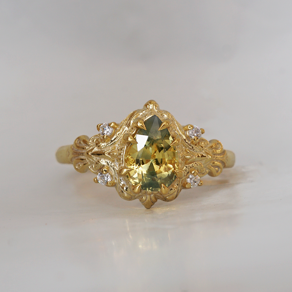 One Of A Kind: Bi-Color Pear Sapphire Dreamscape Diamond Ring in 14K and 18K Gold