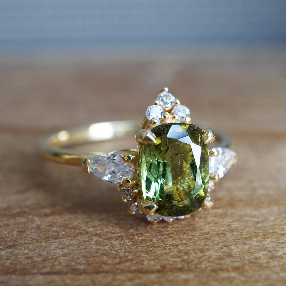 One Of A Kind: Dreamy Bi-Color Green Tourmaline Diamond Ring in 14K and 18K Gold - Tippy Taste Jewelry