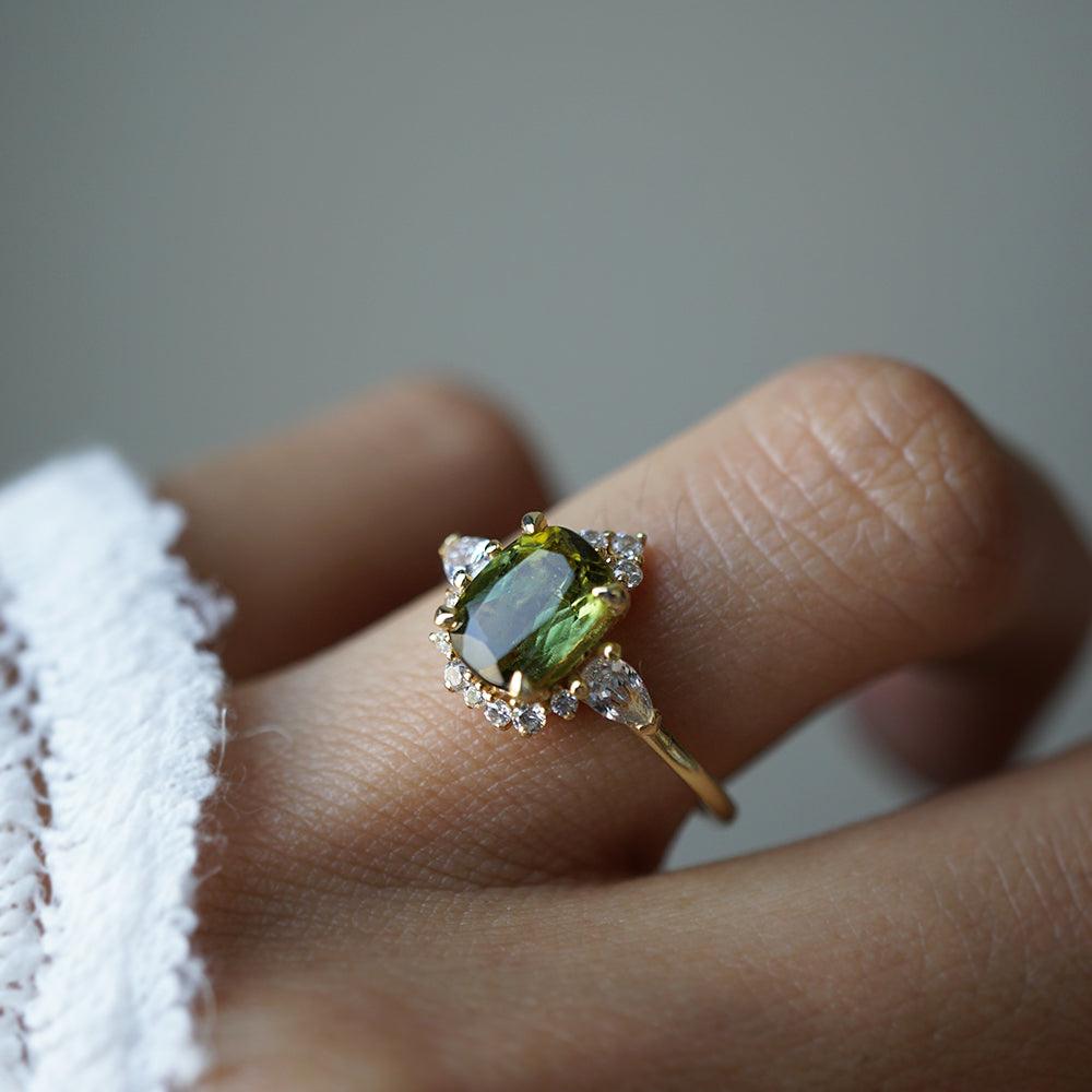 One Of A Kind: Dreamy Bi-Color Green Tourmaline Diamond Ring in 14K and 18K Gold - Tippy Taste Jewelry