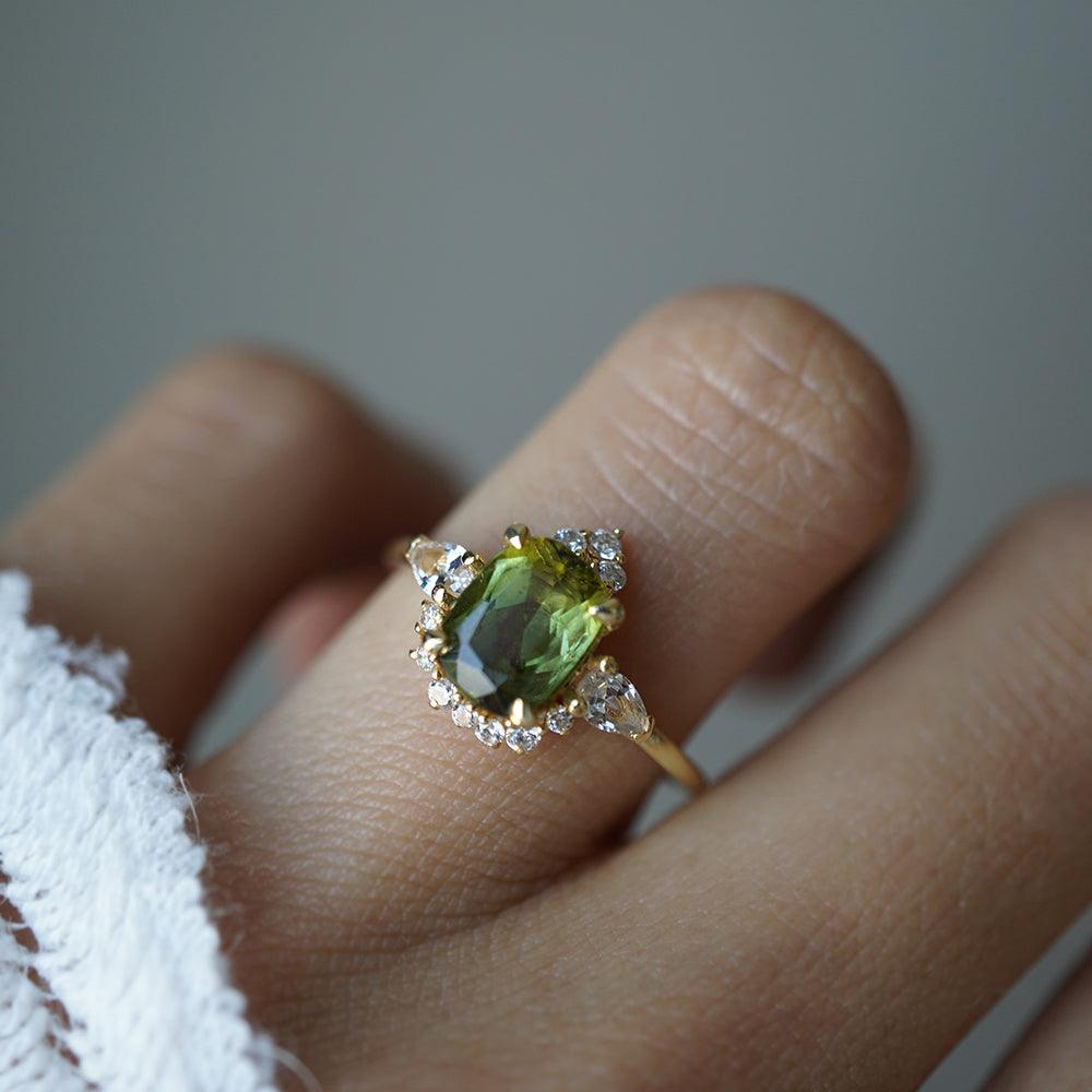 One Of A Kind: Dreamy Bi-Color Green Tourmaline Diamond Ring in 14K and 18K Gold - Tippy Taste Jewelry