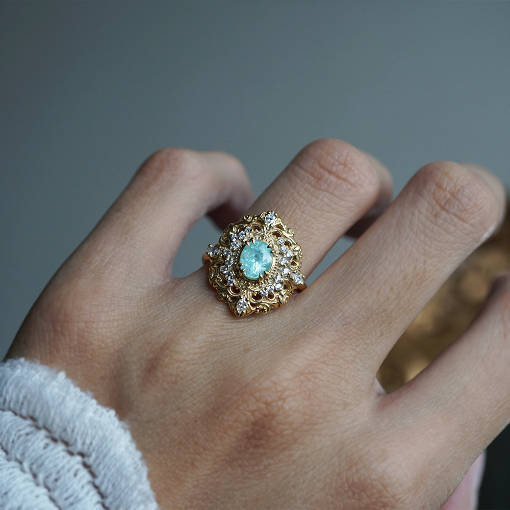 One Of A Kind: Paraiba Tourmaline Duchess of the Sea Diamond Ring in 14K and 18K Gold