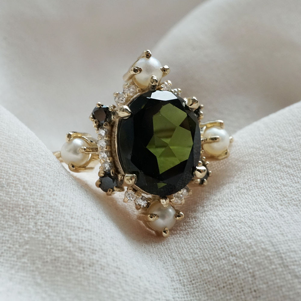 Green Tourmaline Elsa Black & White Diamond Pearl Ring