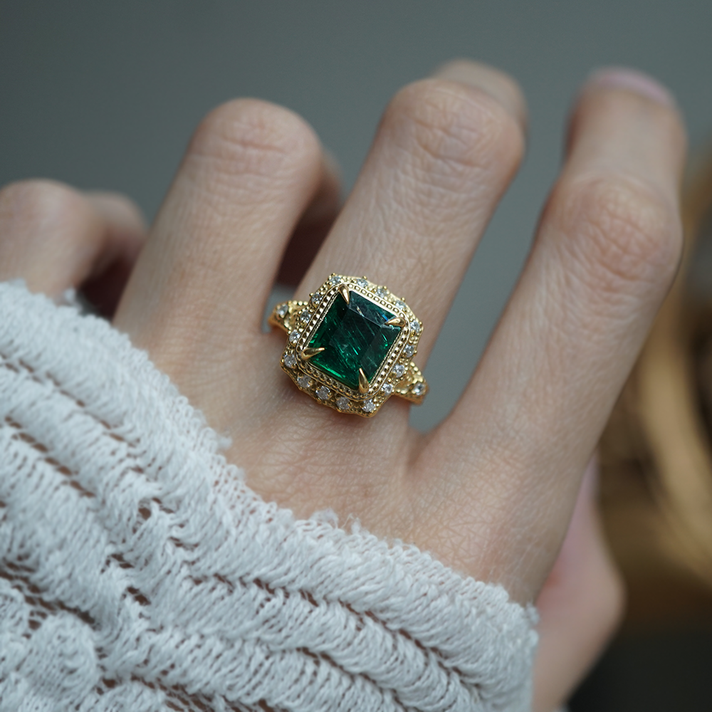 One Of A Kind: Victorian Emerald Diamond Ring in 14K and 18K Gold