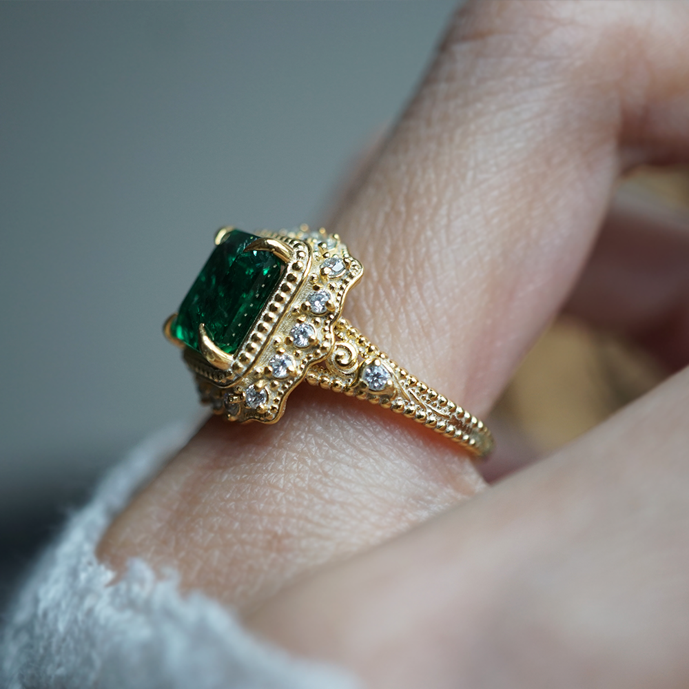 One Of A Kind: Victorian Emerald Diamond Ring in 14K and 18K Gold