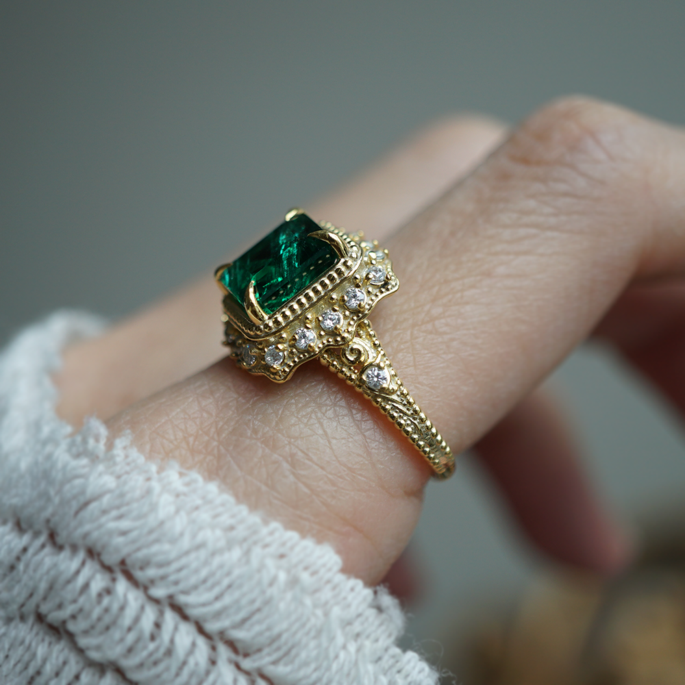 One Of A Kind: Victorian Emerald Diamond Ring in 14K and 18K Gold